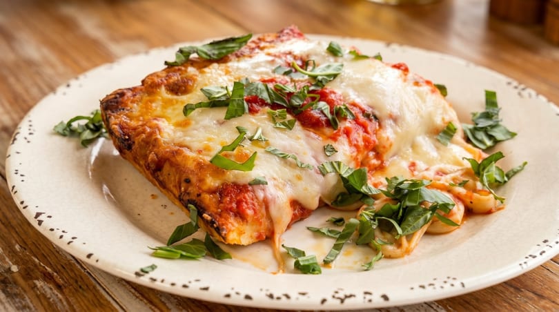 A slice of cheesy lasagna with red sauce and fresh basil on a white plate.