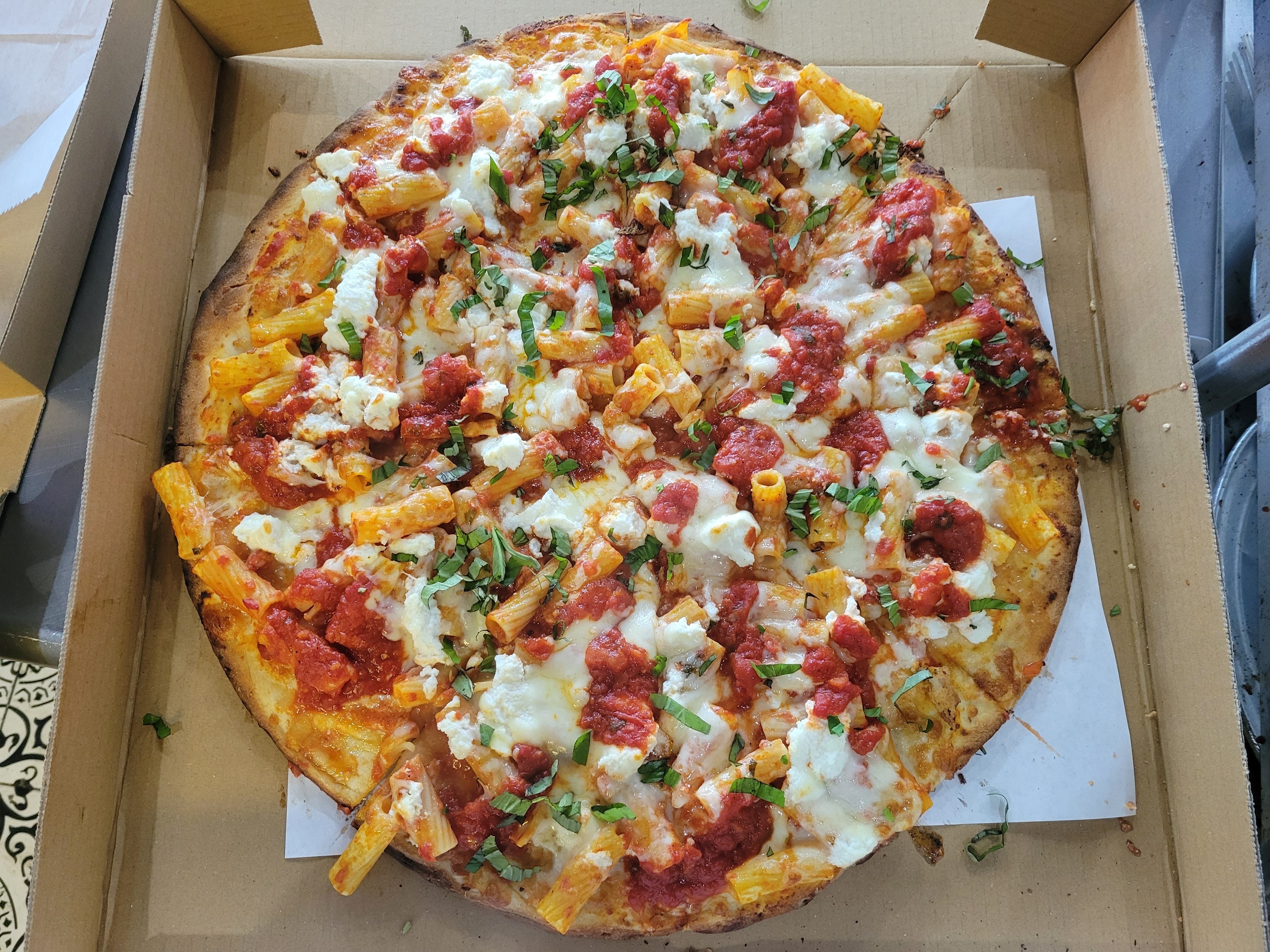 Baked Ziti Pizza Round.